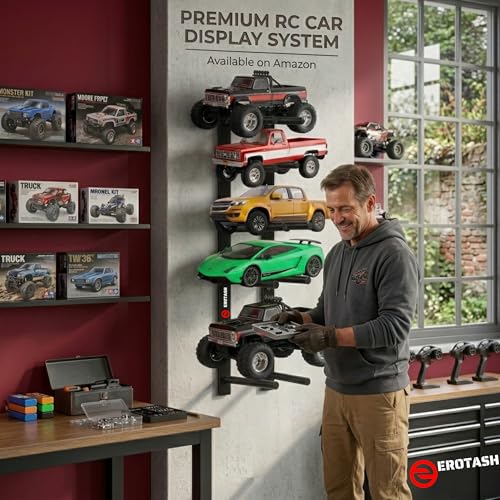 2 Pack RC Car Wall Mount, RC Car Stand for 4 Vehicles, Remote Control Cars Storage for Garage & Home, Wall Mount Shelf for Scale Trucks, Workstation Organizer