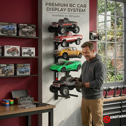 2 Pack RC Car Wall Mount, RC Car Stand for 4 Vehicles, Remote Control Cars Storage for Garage & Home, Wall Mount Shelf for Scale Trucks, Workstation Organizer