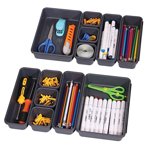 Set of 12 Interlocking Desk Drawer Organizer Tray Dividers Plastic Shallow Narrow Drawers Organizers Separators and Storage Bins Container for Kitchen Bathroom Makeup Office Vanity Bedroom Dresser - color: Black