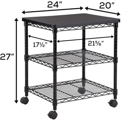 Safco Deskside 3 Tier Rolling Cart Printer Stand, Mobile Utility Table for Home Office with Steel Shelves, Black