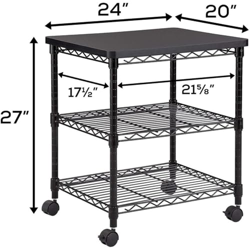 Safco Deskside 3 Tier Rolling Cart Printer Stand, Mobile Utility Table for Home Office with Steel Shelves, Black