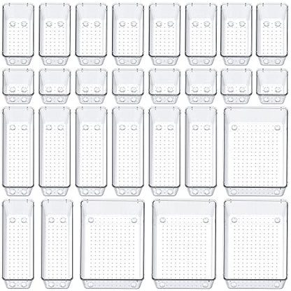SMARTAKE 28 Piece Drawer Organizers with Non-Slip Silicone Pads, 4-Size Desk Drawer Organizer Trays Storage Tray for Makeup, Jewelries, Utensils in Bedroom Dresser, Office and Kitchen, Clear - size: 28 PCS