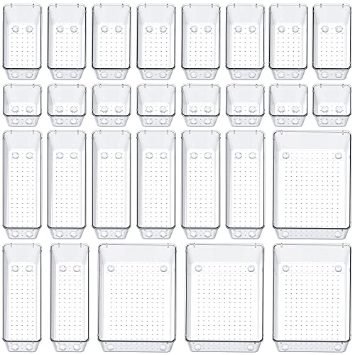 SMARTAKE 28 Piece Drawer Organizers with Non-Slip Silicone Pads, 4-Size Desk Drawer Organizer Trays Storage Tray for Makeup, Jewelries, Utensils in Bedroom Dresser, Office and Kitchen, Clear - size: 28 PCS