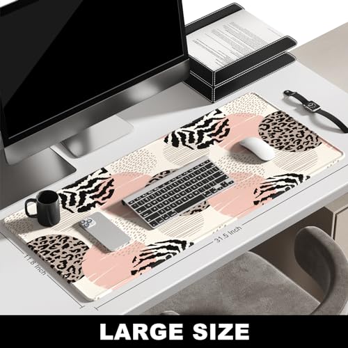 BOSOBO XXL Gaming Desk Mat, Leopard Dots Pink - 31.5 x 11.8 Inches, Full Cover - color: Leopard Polka Dot Circle, size: XL - 31.5 x 11.8 Inches