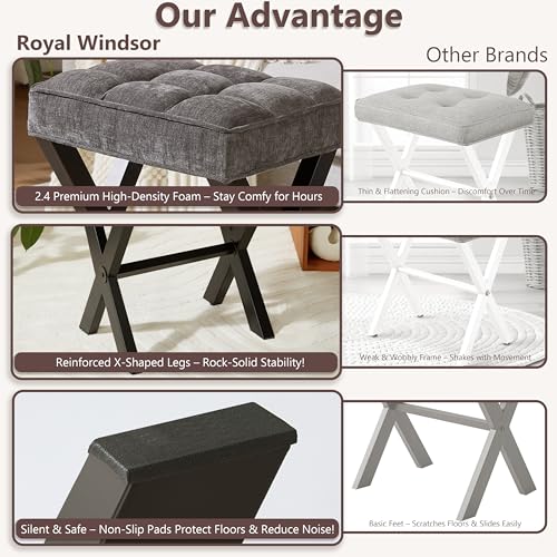 Royal Windsor Vanity Stool,Square Ottoman Stool Foot Rest,Upholstered Vanity Chair Foot Stool with Metal X Legs, Small Vanity seat for Entryway,Bedroom and Living Room,Linen Dark Grey - color: 12.6"d Dark Grey+black