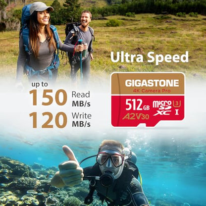 [5-Yrs Free Data Recovery] Gigastone 512GB Micro SD Card, 4K Camera Pro, A2 V30 UHS-I U3 C10, Up to 150/120MB/s, for Smartphone, GoPro, Action Cam, 4K UHD Video, with Adapter & USB-C Card Reader - color: 512GB 4K Camera Pro 1-Pack + USB C Card Reader