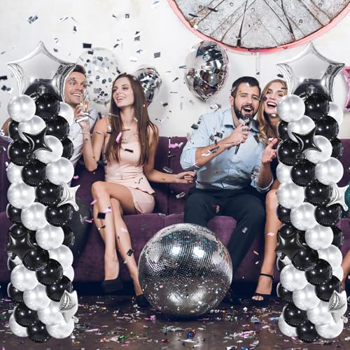 Gejoy 110 Pcs Black Silver Balloons Column Stand Kit Adjustable Tower Stand from 1.4 to 6.6 ft with Bases for Back to School Wedding Birthday Baby Shower Party - color: Black Silver