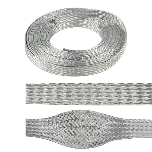 1/2" Wide Tinned Copper Braided Metal Wire Shielding Sleeve Ground Strap Automotive Flat Mesh Flexible Expandable Sheath (12mm ID-52ft) - size: 1/2 in Wide(0.32 in Dia)-52ft