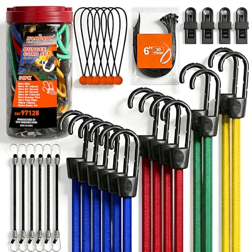 HORUSDY 31-Piece Premium Bungee Cords Assortment Jar, Includes 10”,18”,24”,32”,40” Bungee Cords, 6“ Zip Ties, 8”Canopy/Tarp Ball Ties and Crocodile Mouth Tarp Clips - color: 31pcs 10"/18"/24"/32"/40" Multi-color