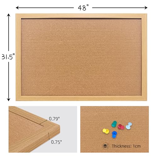 Cork Bulletin Board, 48x31.5 Inches Hanging Cork Board Wooden Framed with Pins for Wall, Dorm Room, Office, Home Decor – Natural Cork & Black Frame - color: Crude, size: 31.5" x 48"