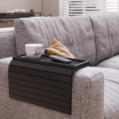 Sofa Arm Tray,Bamboo Folding Couch Arm Tray,Sofa Armrest Trays with Anti-Slip Pad for Drinks,Snacks,Phone,Remote Control（Black） - color: Black