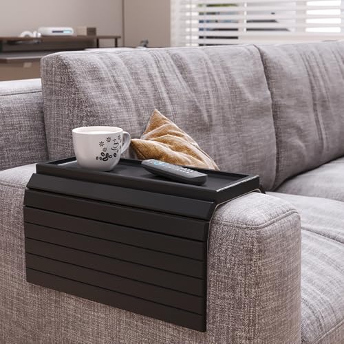 Sofa Arm Tray,Bamboo Folding Couch Arm Tray,Sofa Armrest Trays with Anti-Slip Pad for Drinks,Snacks,Phone,Remote Control（Black） - color: Black