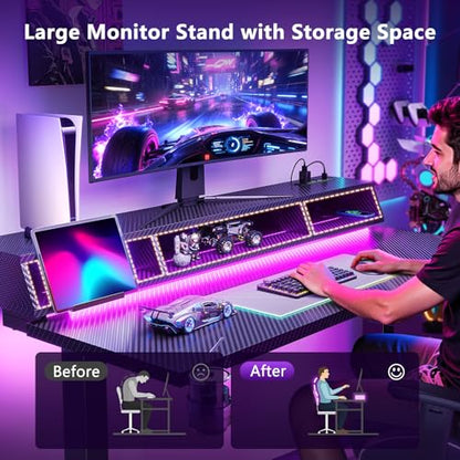 OffiGo Gaming Standing Desk with LED Light, 48 Inch Electric Height Adjustable Table with Power Outlet & Floating Monitor Stand, Sit Stand Computer Workstation for Home, Bedroom, Black