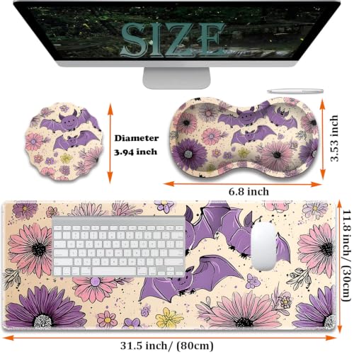 Large Gaming Mouse Pad + Wrist Rest+ Coaster Combo, 31.5 "x 11.8" Durable Non-Slip Extension Table Mat, Suitable for Office and Home, Halloween Bat Flower - color: Halloween Bat Flower