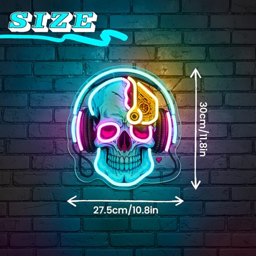 Skull Neon Sign with Headphones,LED Gaming Neon Light,Dimmable USB Powered Neon Wall Sign for Gamer Room, Bedroom, Man Cave, Cool Aesthetic Neon Sign - color: blue-skull