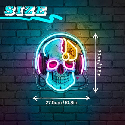 Skull Neon Sign with Headphones,LED Gaming Neon Light,Dimmable USB Powered Neon Wall Sign for Gamer Room, Bedroom, Man Cave, Cool Aesthetic Neon Sign - color: blue-skull