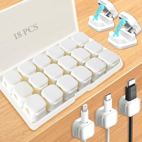 18 Pack Cord Organizer Holder, Magnetic Cable Clips Management, Easy Adhesive Phone Charging Cable Keeper, Hide Or Organize Desk Cable for Kitchen, Office, Car, Nightstand（White） - color: White