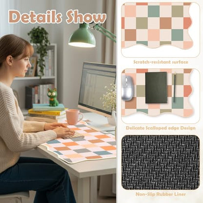 Copkim 1 Pcs Boho Scalloped Checkered Desk Mat 31.5 x 11.8 Inch Large Cute Mouse Pad Computer Mat Non Slip Waterproof Rubber Base with Border Stitching Soft Keyboard Pad for Home Office Gaming Makeup - color: Boho, style: Checkered