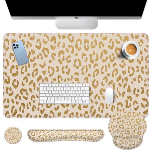 Arttown Leopard Desk Mat Gold Leopard Mouse Pad Set 4 in 1 Ergonomic Design Large Mouse Pad + Keyboard Wrist Rest + Mouse Wrist Rest + Coaster Suitable for Home Office Study Game - color: Gold Leopard
