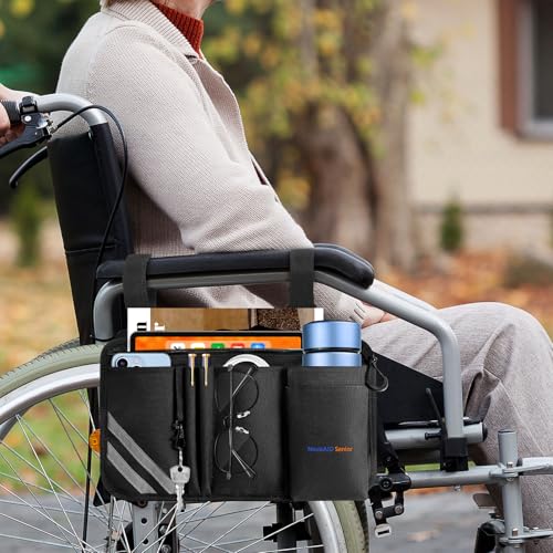 Wheelchair Side Bag with Cup Holder, Universal Armrest Organizer with Reflective Strips & Mesh Pockets, Water-Resistant Storage for Wheelchairs, Walkers, Rollators & Strollers (Black)