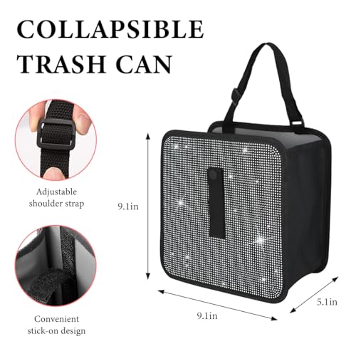 Car Foldable Trash Can, Bling Rhinestone Oxford Garbage Container Hanging Waterproof Organizer, Mini Crystal Dustbin Waste Basket Leakproof Trash Bin for Car Office Kitchen (White) - color: White