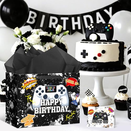 Game Theme Birthday Party Supplies Video Game Birthday Gift Bag with Wrapping Paper and Card Black White Gaming Decorations Gamer Wrapping Paper Bag for Boys Girls Men Women Game Theme Party Decor - color: Black White