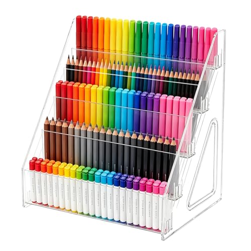 5-Tier Acrylic Marker Organizer, 150 Slots Desktop Pen Storage Rack, Vertical Art Supply Holder for Colored Pencils, Paint Brushes & Office Accessories, Clear Desk Stationery Display - size: 5 Tier