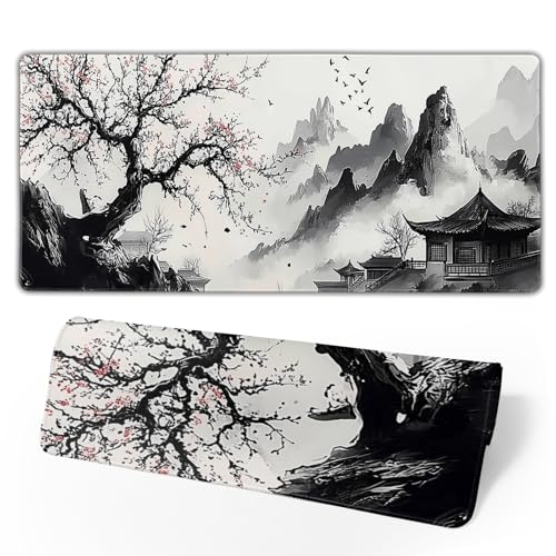 Japanese Mouse Pad XXL 35.4x15.7 Inch Japanese Cherry Blossom Gaming Mouse Pad Non-Slip Rubber Base with Stitched Edges Japanese Anime Desk Mat Extended Large Mousepad for Home Office Gaming Work - color: Japanese Anime Art Landscape, size: 35.4x15.7 Inch