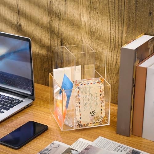 Suzile 2 Pcs Clear Acrylic Rotating Brochure Holder for 4 Pocket Spinning Pamphlet Holder 360° Sticker Display Stand Organizer for Magazine Flyer Gift Card Countertop Tabletop Office, 6x 6 x 9 Inch