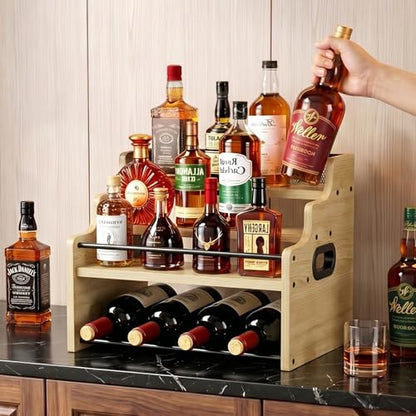 4-Tier Wood Display Shelf Wine Rack for 16 Bottles Wood Coffee Syrup Organizer with Handles Home Whiskey Shelf Retro Mini Liquor Cabinet Spice Rack Coffee Bar Shelves, Oak - color: Oak