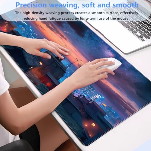 Extended Gaming Mouse Pad XL, Anime Desk Mat 31.5x15.7 in, Non-Slip Base | Ultra-smooth large mousepad featuring a cozy anime city night design. Perfect for mechanical keyboards and optical mice. - color: City starry night view