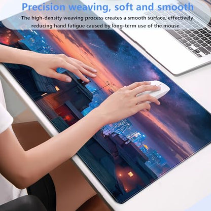 Extended Gaming Mouse Pad XL, Anime Desk Mat 31.5x15.7 in, Non-Slip Base | Ultra-smooth large mousepad featuring a cozy anime city night design. Perfect for mechanical keyboards and optical mice. - color: City starry night view