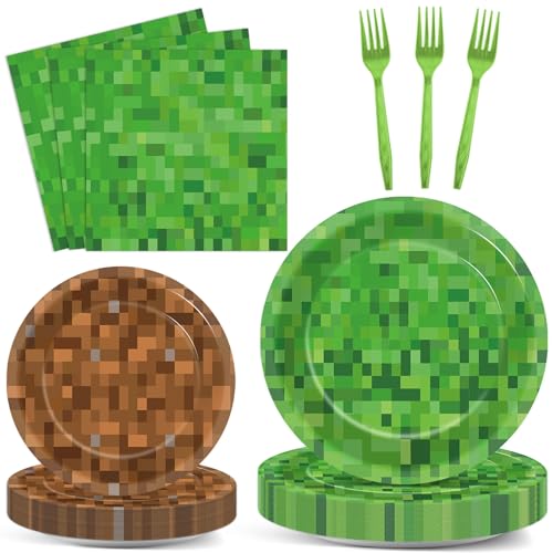 100 PCS Pixel Party Plates and Napkins Decoration Pixel Theme Disposable Birthday Party Tableware Set Includes Video Game Paper Plates Set and Video Game Napkins Gamer Supplies Server 25 Guests
