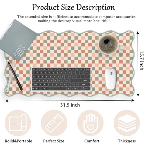 Scalloped Desk Mat Extended Large Cute Mouse Pad XXL Aesthetic Desk Pad Boho Plaid Mousepad Retro Beige Checkered Mouse Pad for Keyboard Computer Stitched Edges Non-Slip Home Office 31.5X15.7Inch - color: Multi, size: 31.5" x 15.7"