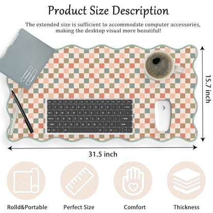 Scalloped Desk Mat Extended Large Cute Mouse Pad XXL Aesthetic Desk Pad Boho Plaid Mousepad Retro Beige Checkered Mouse Pad for Keyboard Computer Stitched Edges Non-Slip Home Office 31.5X15.7Inch - color: Multi, size: 31.5" x 15.7"