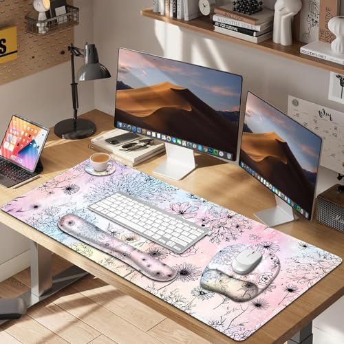 Large Mouse Pad, Keyboard Wrist Rest Set, Ergonomic Mouse Pad with Wrist Support, Desk Mat with Stitched Edges Extended Desk Pad Waterproof Desk Mat for Home Office Game I Dandelion & Sunflower - color: Dandelion & Sunflower