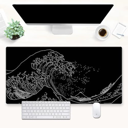 Great Wave Desk Mat, Black White Line Art Large Gaming Mouse Pad | Minimalist black and white wave desk pad with 3mm dense cushion, smooth cloth top, and non-slip rubber foundation. - color: Ukiyo-e of the Waves