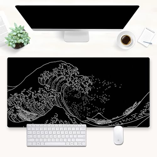 Great Wave Desk Mat, Black White Line Art Large Gaming Mouse Pad | Minimalist black and white wave desk pad with 3mm dense cushion, smooth cloth top, and non-slip rubber foundation. - color: Ukiyo-e of the Waves