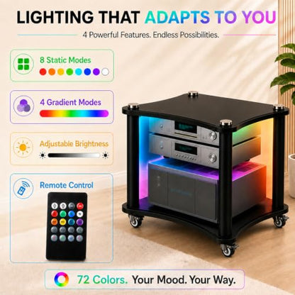 2-Tier AV Media Stand with LED Lights, Heavy Duty Mobile Stereo Cabinet Stand with Wheels, Wooden Stereo Rack, Audio Rack Furniture Perfect for DVD Player/Game Console (with Lights, 2 Tier) - color: With Lights, size: 2 Tier