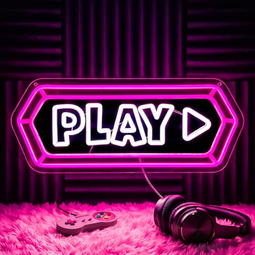 Play Neon Sign for Wall Decor, LED Play Button Light, USB Powered Dimmable Accent for Game Room, Bedroom, Gaming Setup, Gamer Gift (Pink) - color: Pink-PLAY