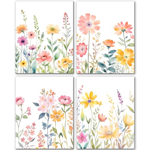 JINYO Watercolor Spring Flower Wall Art Prints Set of 4, Spring Wall Decor, Cottagecore Colorful Wildflower Floral Botanical Wall Decor Posters Pictures for Home Bedroom Living Room, 8x10 Unframed - color: Spring Flower Wall Art