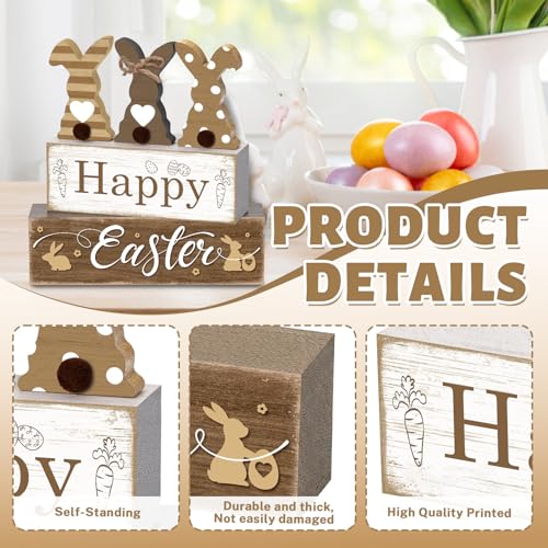 4 Pcs Easter Table Decor Happy Easter Neutral Bunny Tiered Tray Decorations Set Spring Cute Bunny Rabbit Rustic Farmhouse Wooden Stack Block Signs Party Tabletop Decor for Home Office Gift - style: Happy Easter