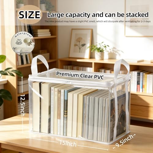 3 PCS Clear Book Storage Containers with Lids - Durable Comic Book Protector & Media Organizer - Collapsible Vinyl Storage Bag with Zipper for Books, Blu-Rays and Office Supplies - 15" x 9.5" x 12.5" - color: White, size: 3-Pack