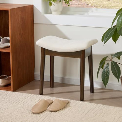Royal Windsor Vanity Stool with Saddle Cushion, 18 Inch Makeup Vanity Chair for Living Room, Modern Foot Stool Ottoman Piano Bench,Small Upholstered Bench for Bedroom, White - color: 10.2"d White+walnut