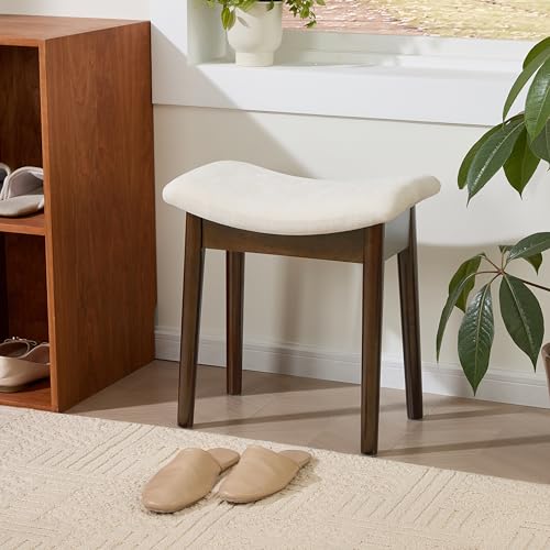 Royal Windsor Vanity Stool with Saddle Cushion, 18 Inch Makeup Vanity Chair for Living Room, Modern Foot Stool Ottoman Piano Bench,Small Upholstered Bench for Bedroom, White - color: 10.2"d White+walnut