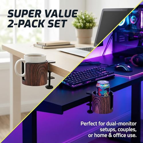 Luxury 2pcs Desk Cup Holder, Tool-Free Clamp On Desk Cup Holder, Fits 40oz Tumbler Holder & 0.2-2in Thick Desks, Anti-Spill for Office, Home, Gaming (2PCS Walnut Design) - color: 2PCS WALNUT DESIGN