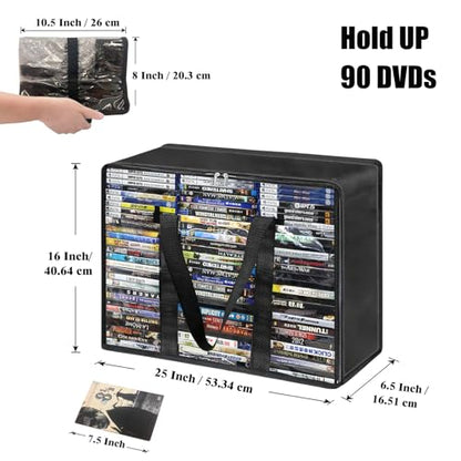 DVD Storage Bags 3 Pack, Updated Bigger Bags Holds 270 DVDs (90 Each), Clear Plastic Organizer with Reinforced Handles for Media, Quilt, Pillow & Clothes Storage - size: 3*Large Bags