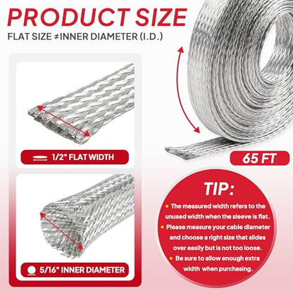 Tinned Copper Braid Wire Shielding Ground Strap Metal Cable Sleeve Expandable Flexible Flat Mesh (1/2 in Wide(0.32 in Dia)-65ft) - size: 1/2 in Wide(0.32 in Dia)-65ft