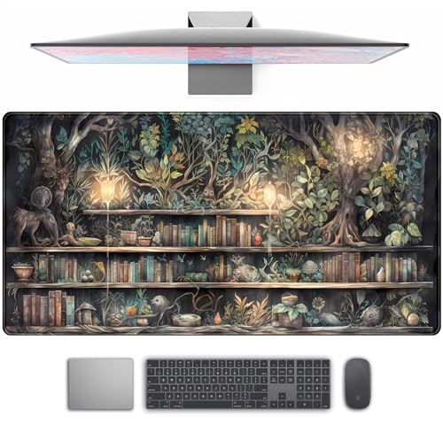 Forest Library Book Mouse Pad Desk Mat, Mystical Green Tree House XXL Extended Large Gaming Desk Pad Mousepad Computer Laptop Keyboard and Mouse Mat, Office Desk Decor Pad for Women 31.5x15.7 in - color: Green Forest Library Book