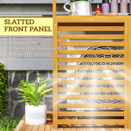 Outsunny Outdoor Air Conditioner Fence with Open Shelves, Wood Outdoor Privacy Screen Potting Table, Pool Equipment Enclosure for Patio, Slatted AC Fence for Outside Unit, Light Brown